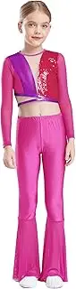 [FEESHOW] Girls Dancewear Set Sequin Crop Top with Mesh Patchwork Flare Pants Glitter Latin Jazz Competition Outfits