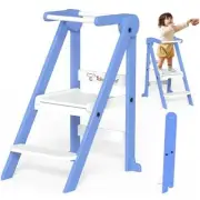 Foldable Toddler Kitchen Stool Helper, Toddler Standing Tower with 3 Blue
