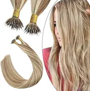 Ugeat 22Inch Nano Bead Hair Extensions Human Hair Natural Straight Nano Tip Extensions Highlight Blonde Hair Extensions #P10/613 Pre Bonded Nano Tip Remy Hair 0.8G/S 40G/50Strands