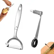Lyreh Vegetable Spiral Cutter & Peeler Tool, Stainless Steel Manual Spiral Cutter Zinc Alloy Vegetable Peeler Practical Kitchen Knife Set Accessories for Cucumbers Potatoes Carrot Apples (Silver)
