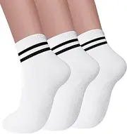 [Elapse Space] 3 Pairs Pilates Socks with Grips for Women Non Slip Yoga Crew Socks for Women, 3 Pairs-striped White/White/White, One Size