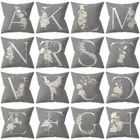 Letter Gray Cushion Customizable Polyester Pillow White Yellow Flowers Pillow