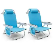 Foldable Backpack Beach Chair with Cup Holder and Storage Pockets Set of 2-Blue