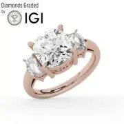 Cushion Solitaire Labgrown Diamond Trilogy Ring 18k Rose Gold 4.00 Ct D VS1