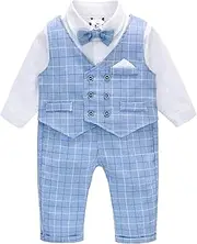 [famuka] Baby Boy Classic Suit Double Breasted Waistcoat Tuxedo Formal Outfit Plaid