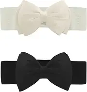 [Allegra K] Women's 2Pcs Bowknot Elastic Belts, 2.4" Width Elegant Cute Stretchy Cinch Waistband for Dress Wedding Black+White Fit Waist:24-32 inches