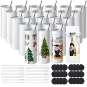 VEVOR 24 Pack Straight Sublimation Tumblers, 20 oz Blank Tumbler Bulk, Stainless Steel Double Wall Tumbler Cups with Straw, Lid, Brush, Base, Shrink W
