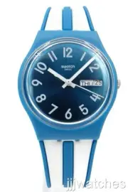 New Swatch Swiss Originals ANISETTE Blue Silicone Day-Date Watch 34mm GS702 $75