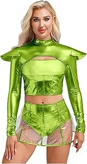 [Loodgao] Women Alien Costumes Outerspace Astronaut Outfits Halloween Cosplay 2Pcs Suit Metallic Crop Top with Skirt