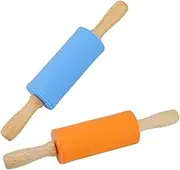 ACEmedia 2 PCS Children's Small Rolling pin， Silicone roll pin Non Stick Surface Wooden Handle，Baking Products Household Kitchen Dough Rolling Machine (Orange Blue)