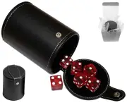 Set (6) Transparent Red Dice + PU Leather Black Felt Lined Cup Compartment Boxed