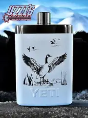 Yeti Flask 7 Oz With Funnel White Engraved With Canadian Geese Artwork.