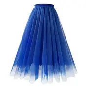Women Mesh Gauze Skirt Elastic High Waist Pleated A-line Skirt Solid Color Maxi Tulle Skirt Prom Clothes royal blue XL