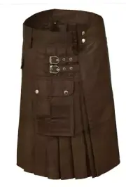 Men's Handmade Scottish Utility Adjustable Buckle Brown Cotton Cargo Pocket kilt