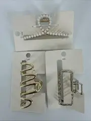 3 PACK Cotton On Rubi Metal Hair Claw Gold Variety Wavy Pearl Hammered Rectangle