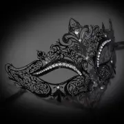 Womens Elegant Luxury Filigree Metal Laser-Cut Venetian Masquerade Mask [Black]