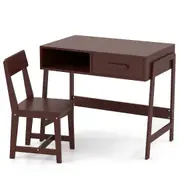 Giantex Wooden Study Desk Kids Table & Chair Set w/Storage Drawer & Hutch Student Writing Desk Brown