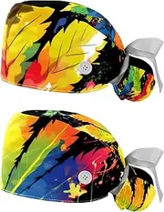 [YTYVAGT] 2-Pc,Nurse Scrub Caps,Scrub Hats with Buttons and Cotton Sweatband,Colorful Printed Leaf Pattern
