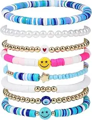 [Tatibana] Preppy Heishi Surfer Bracelets Set, Colorful White Gold Smile Heart Star Evil Eye Beaded Polymer Clay Pearl Stackable Charm Y2K Kidcore Aesthetic Summer Beach Jewelry for Women Girls Teens