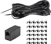 Telephone Extension Cord Phone Cable Line Wire 50 FT, Black, with Standard RJ11 Plug and 1 in-Line Couplers and 30 Cable Clip Screw for Calling Communication
