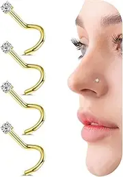 [FIOROYAL] 4 Pcs 20G Nose Stud 14k Gold Filled Nose Ring 1.5-3mm Round Cubic Zirconia Bone Straight Screw L Shaped Nose Studs Gold Nose Piercings Jewelry