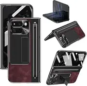 [XIMAND] for Google Pixel 9 Pro Fold Case with Slim Pen Holder & Capacitance Stylus Pen, Kickstand Premium Jazz Retro Leather Soft Touch Shockproof Hard Full-Body Screen Hinge Protection -Red