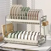 Hoisimdy Dish Drying Rack 2 Tier Kitchen Plate Rack Large Capacity with Manual Drip Tray Cutlery Holder