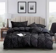 Tufted Textured Jacquard Super King Size Bed Quilt/Doona/Duvet Cover Set - Black