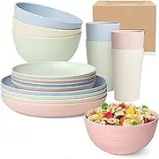 16-Piece Wheat Straw Tableware Set - Lightweight, Degradable Dinner Plates, Bowls, Cups - Dishwasher Safe, Unbreakable Salad Plates