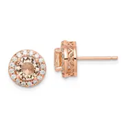 Sterling Silver Rose-Tone Round Peach Cz Halo Post Earrings