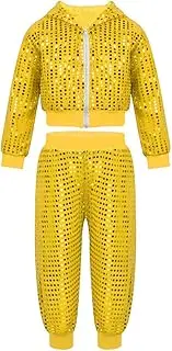 [Lejafay] Unisex Kids Hip Hop Outfits Jazz Latin Street Dancing Clothes Sequins Hooded Tops with Pants Set