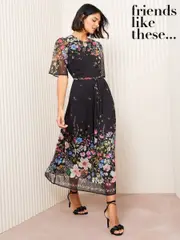 Friends Like These Black Floral Chiffon Dobby Midi Dress (AH5665) | $127