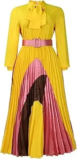 [GHAKKE] 2025 Women's Elegant Bow Tie Neck Shirt Dress Fashion Color Block Long Sleeve A-line Pleated Flowy Maxi Cocktail Dress