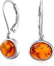 [Bling Jewelry] Simple Plain Bezel Set Lever Back Honey Yellow Amber Jade Moonstone Onyx Oval Gemstones Drop Ball Earrings For Women Teen .925 Sterling Silver 7MM