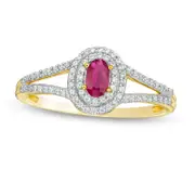 Oval Ruby and 0.20 CT. T.W. Natural Diamond Double Frame Split Shank Ring in Solid 10K Yellow Gold