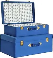 HofferRuffer Velvet Storage Trunks with Wood Frame, Set of 2 Storage Chests with Handles, Bedroom Organizer Nesting Upholstered Decorative Boxes Hinged Lid with Gold Hardware Accents (Blue)