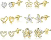 ALEXCRAFT Small Gold Stud Earrings 6 Pairs Cute Stud Earrings for Women Cubic Zirconia Earrings Studs 14k Gold Plated Heart Stud Earrings for Girls Hypoallergenic Stud Earrings Pack