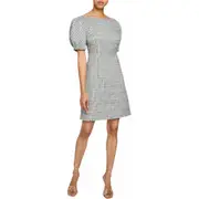 Santorelli VIOLET A-Line Shift Dress with Puff Sleeves in Luxury Tweed with Lurex in Ocean Mist at Nordstrom, Size 12