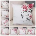 Pink Peach Blossom Cushion Cover Decor Watercolor Cartoon Plant Tree Pillow Case