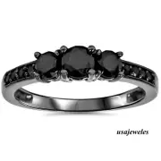 Three-Stone Jewelry Ring Round Cut 1.49CT Real Black Onyx 14K Black Gold Finish