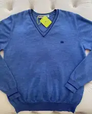 New ETRO Milano Pullover Wool Knit Logo V neck Sky Blue Sweater Men's L size