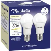 Mirabella LED GLS Edison Screw 9W 806lm Warm White Light Globe 2 pack