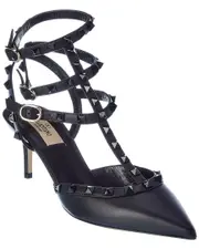 Valentino Rockstud Caged 65 Leather Ankle Strap Pump 36.5 Black