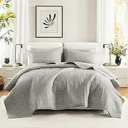 Comfort Spaces Kienna Quilt Set-Luxury Double Sided Stitching Design Summer Blanket, Lightweight, Soft, All Season Bedding Layer, Matching Sham, Gray, Coverlet Full/Queen(90"x90") 3 Piece