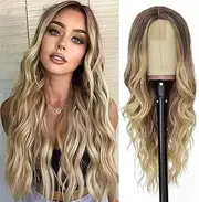Long Ombre Blonde Wavy Wig for Women 26 Inch Middle Part Curly Wavy Wig Natural Looking Synthetic Heat Resistant Fiber Wig for Daily Party Use (Ombre Blonde)