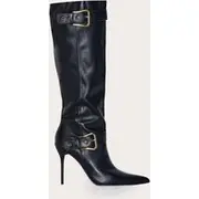 Black PU Knee High Point Toe Buckle High Stiletto Knee High Boots, Black