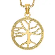 10K Solid Yellow Gold Tree of Life Round Necklace