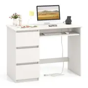 Costway Computer Desk w/ Power Outlet Ketboard Tray & Drawers Workstation Home Office White