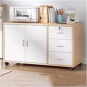 Wooden Floor Stand Filing Cabinet with 3 Drawers and Double Door Storage, Lockable Office Storage Cabinet with Removable Rollers