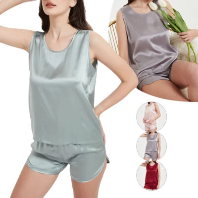 Womens Pure Silk Pajamas Set Pyjamas Sleepwear Tank Top Tee Shorts Loungewear